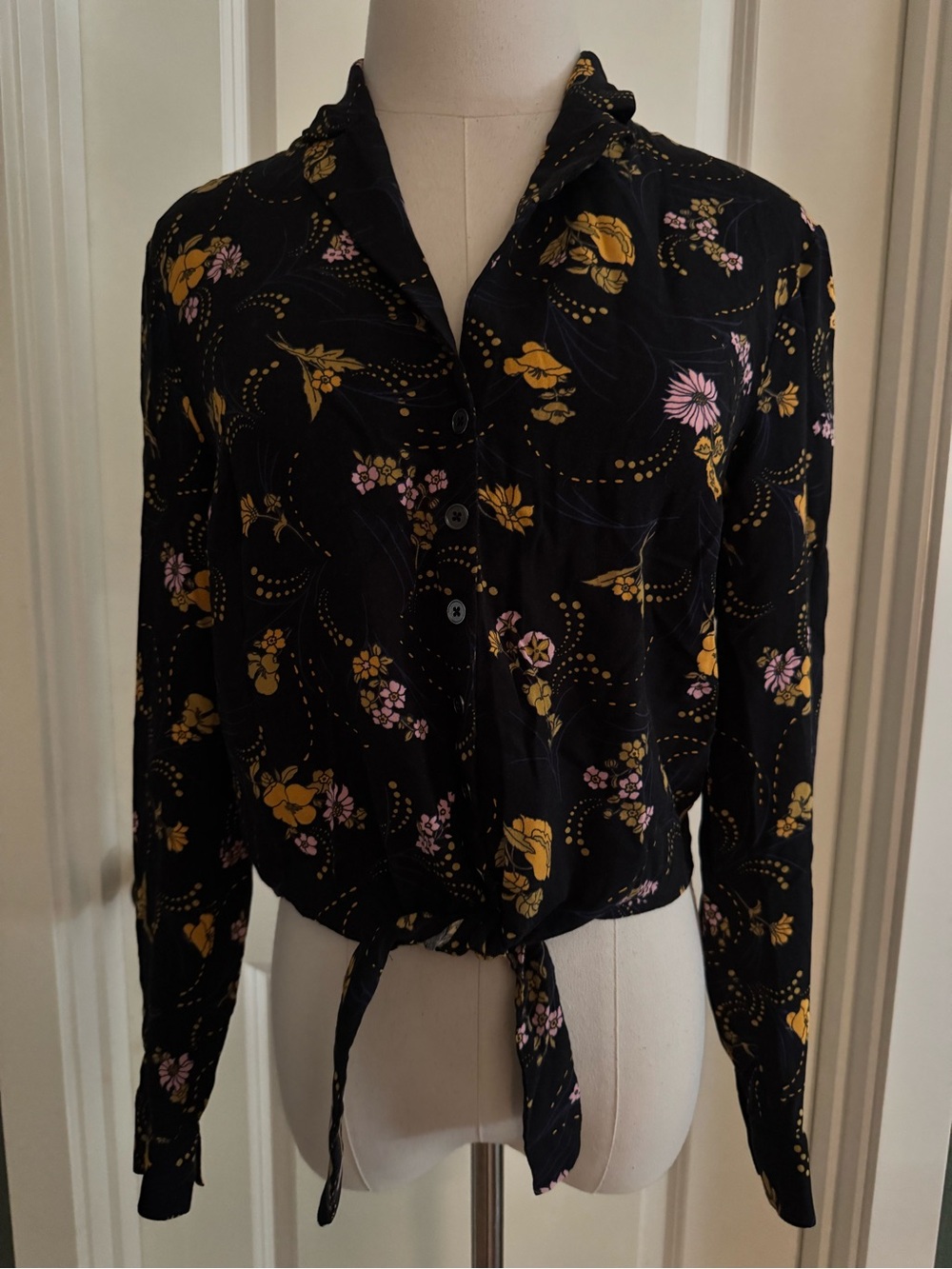 Modcloth Black Floral Tie-Front Blouse with Yellow and Pink Accents
